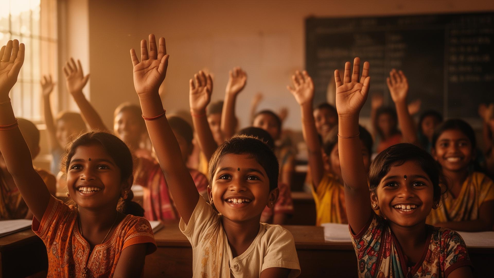 Children in a community night school raising hands